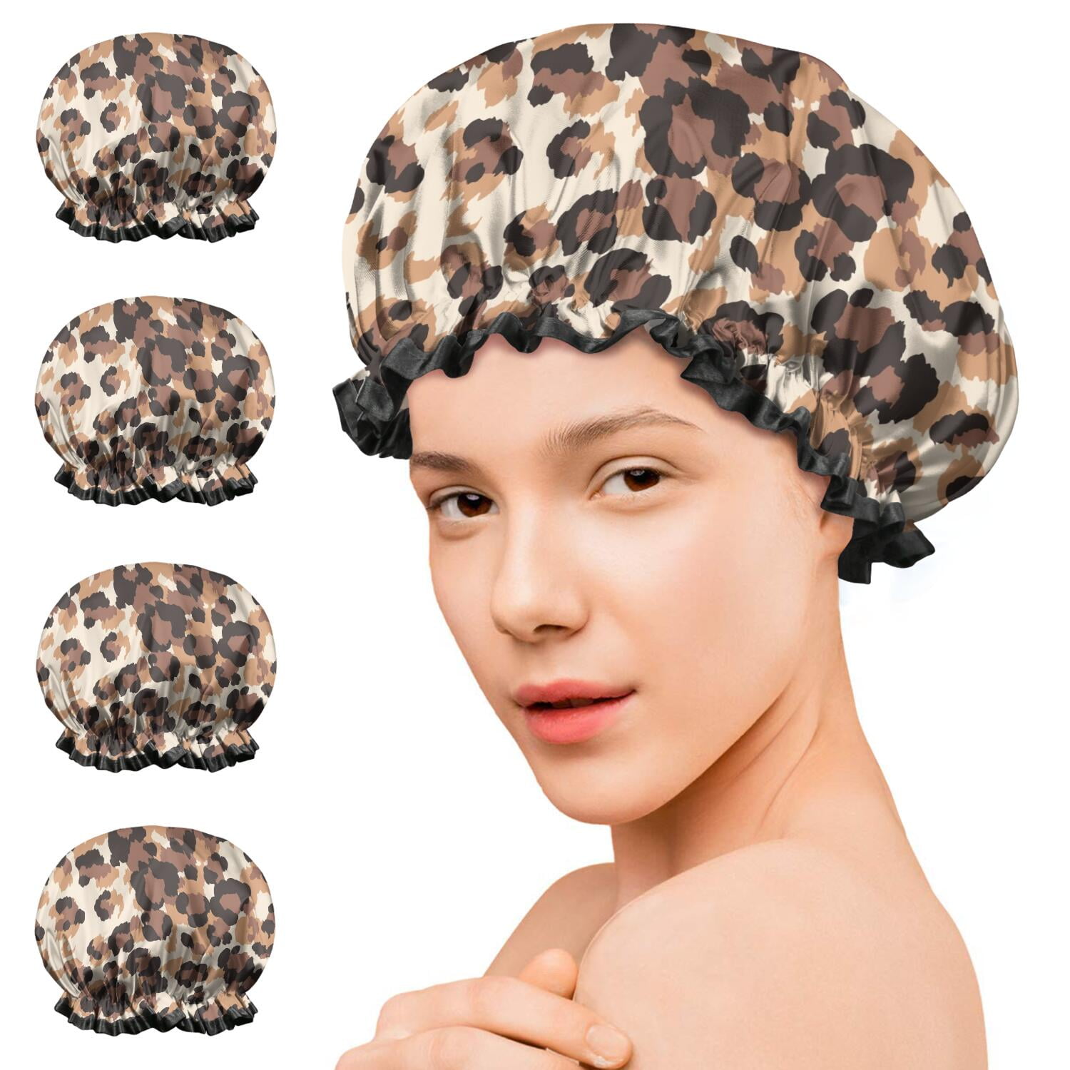 Shower Caps,Beige and Brown Leopard Pattern Waterproof Shower Cap for Women 4 Pieces,Double Reusable Hair Cover for Shower PEVA Elastic Stretch Hem