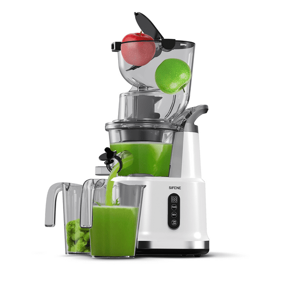 SiFENE Extracteurs de Jus à Pression à Froid 200 W, Grande Ouverture de 83 mm pour Aliments Entiers, Extracteur à Mastication Lente, Rendement Élevé, Blanc
