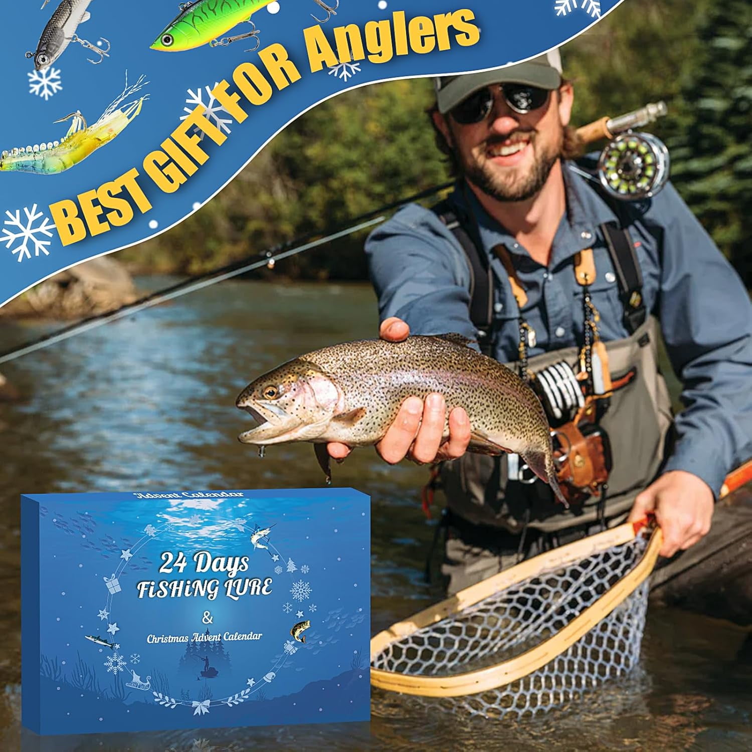 Advent Calendar 2025 Fishing Lure for Men Teen Boys,24 Day Christmas Countdown Fishing Lure Tackle Kit Soft Lures Spoons Minnow Popper Crankbait VIB,Fishing Xmas Gifts for Fisher Father Grandpa