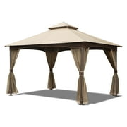 Domi Outdoor Living 10'x13'Patio Gazebo Outdoor Ventilation Double Roof Gazebo with Mosquito Netting for Patio,Lawn and Garden, Brown