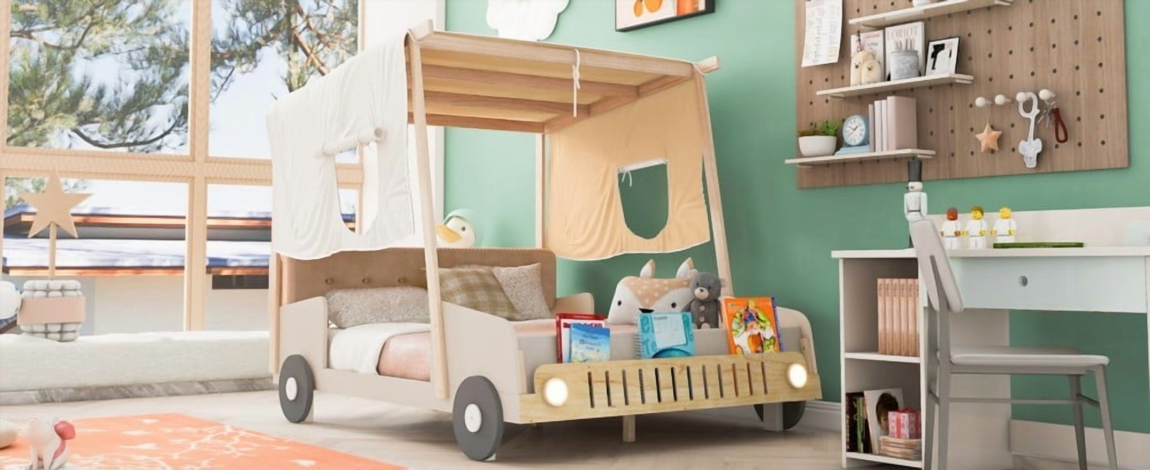 Wood Car Bed with Pillow & LED, Natural Full Size