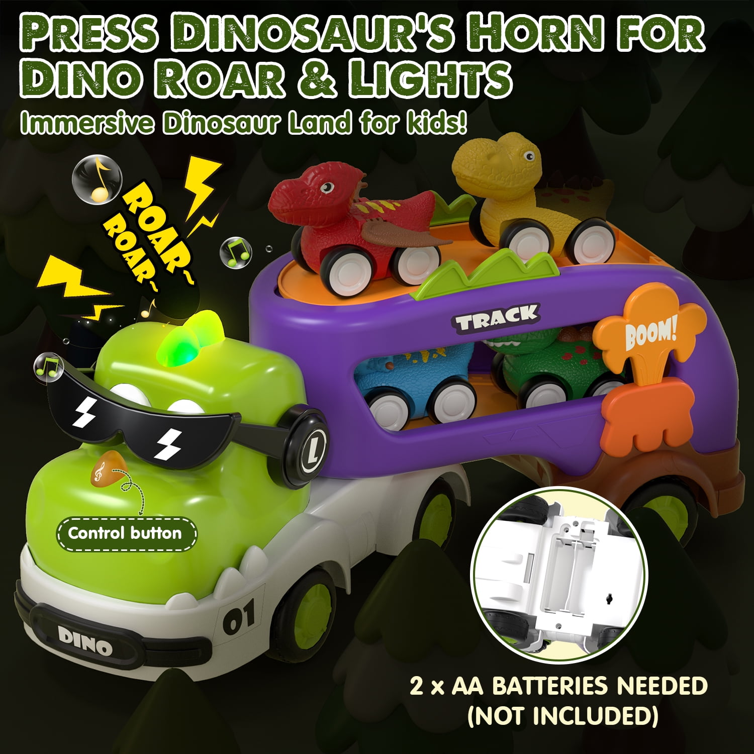 Toys for 2 Year Old Boys, Toddler Dinosaur Truck with Sounds & Lights, Toys Cars Set with Race Track, Pull Back Cars Baby Toys, Toys for Boys 2 to 4 Years Old, Best Birthday Christmas Gifts
