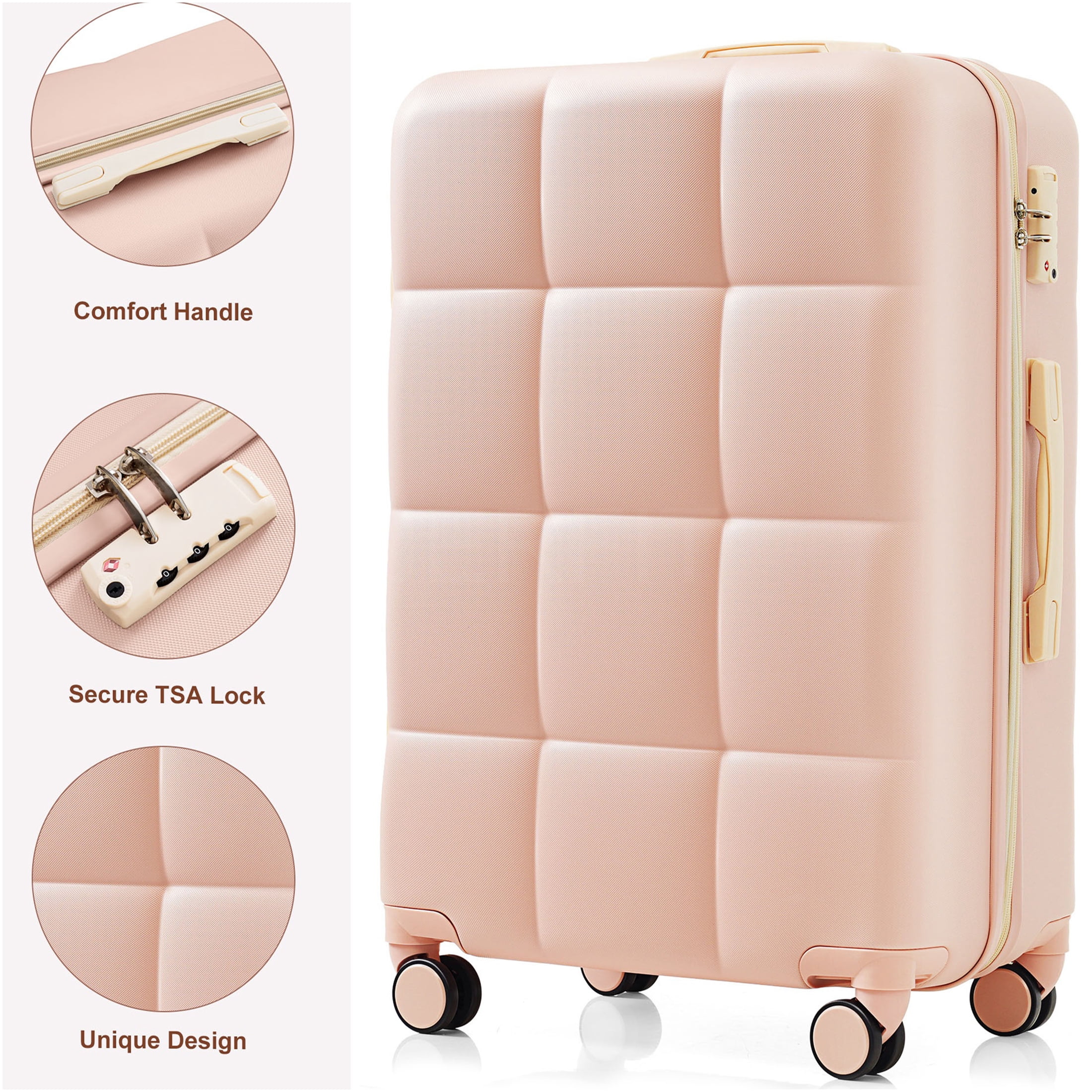 JERFIT 3-Piece Pink ABS Hard Shell Spinner Luggage Set with Cup Holder, TSA Lock & Scratch-Resistant Textured Finish