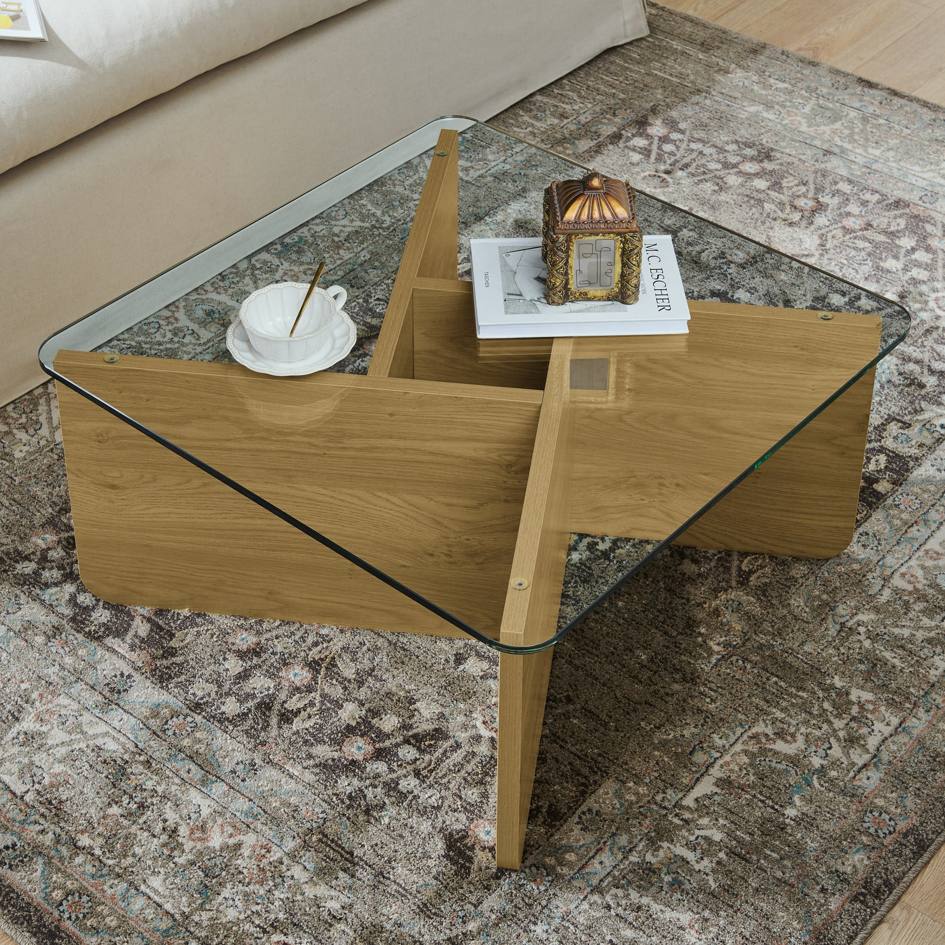 Aukfa Mid-Century Modern Glass Coffee Table for Living Room,Square Cocktail Table,Wood Base,Brown