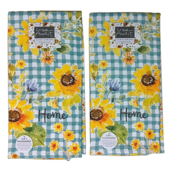 Set of 2 Sunflowers Forever HOME Blue Check Kitchen Towels by Kay Dee Designs
