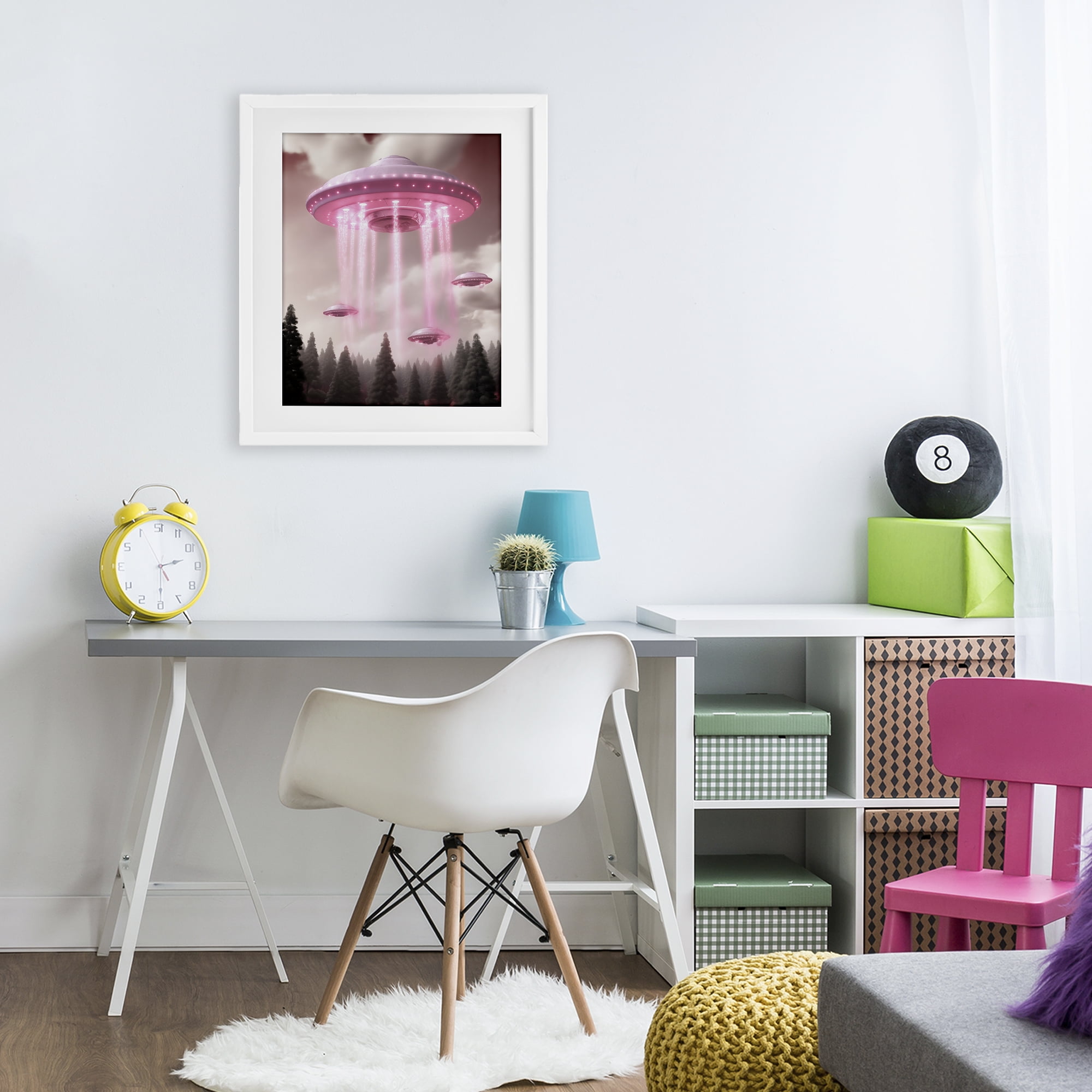 Glam UFO with Pink Beams White Framed Print Under Glass, design by Sasha