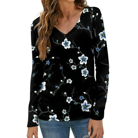 DBAIXID Long Sleeve Tshirt Shirts for Women Vintage Floral Print Button Down Henley Tops Casual Loose Comfy Fall Blouses 2024 Hot Pink 2XL
