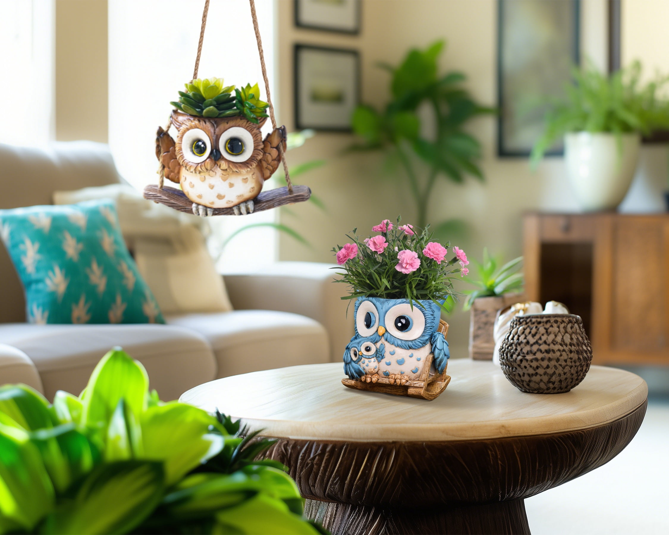 Quoowiit Cute Owl Plant Pots Indoor,Resin Small Succulent Pots with Drainage Hole,Rocking Chair Planters for Outdoor Indoor Plants,Gift Ideas for Mother