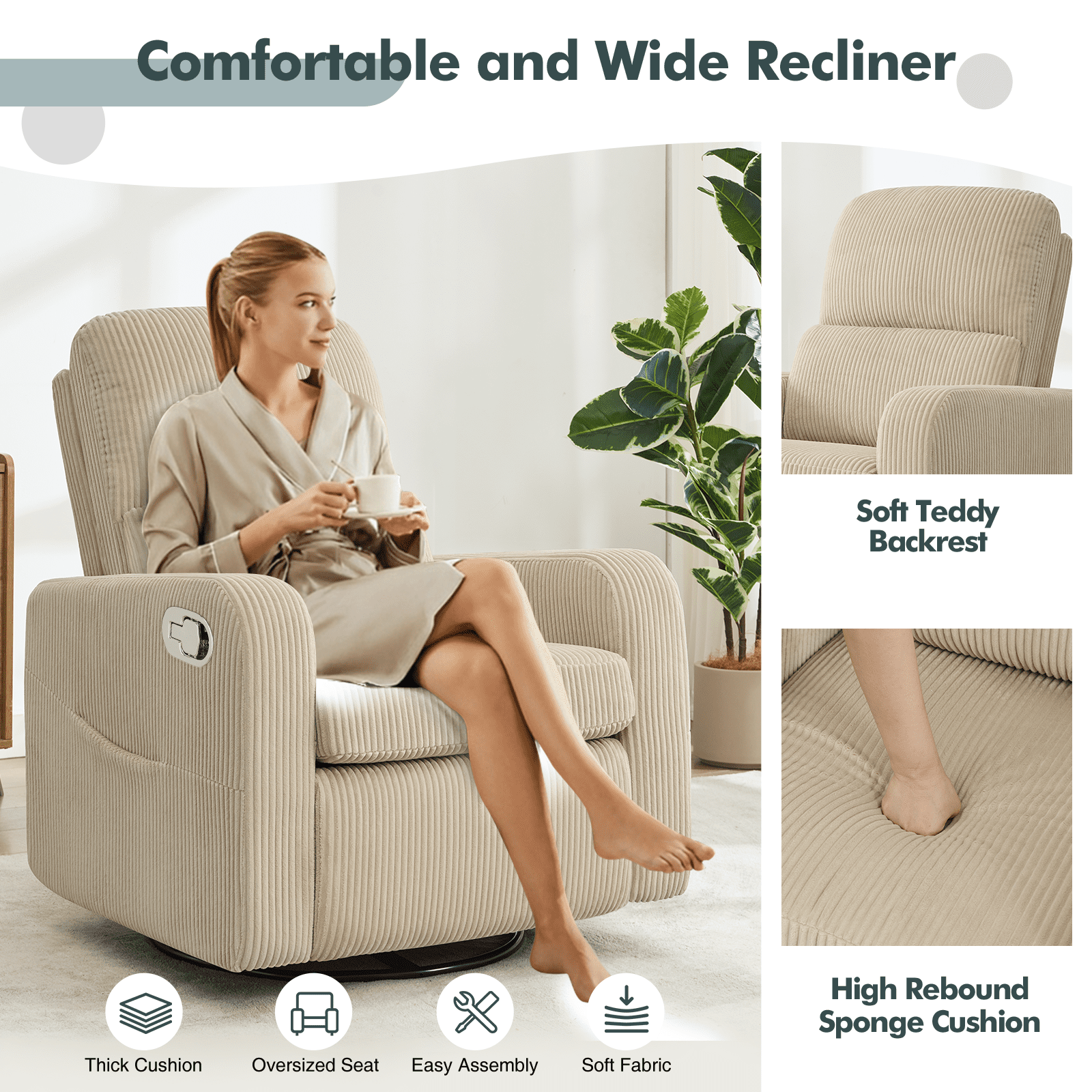 Aemeios Swivel Manual Recliner Chair Corduroy Fabric Nursery Glider Rocker Recliner, Camel