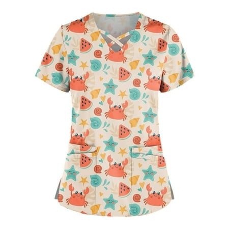

UDAXB Womens Tops Plus Size Cute Printed Scrub Working Uniform Tops For Women Cross V-Neck Short Sleeve Fun T-Shirts Workwear Tee with Double Pockets Watermelon Red XXXXL