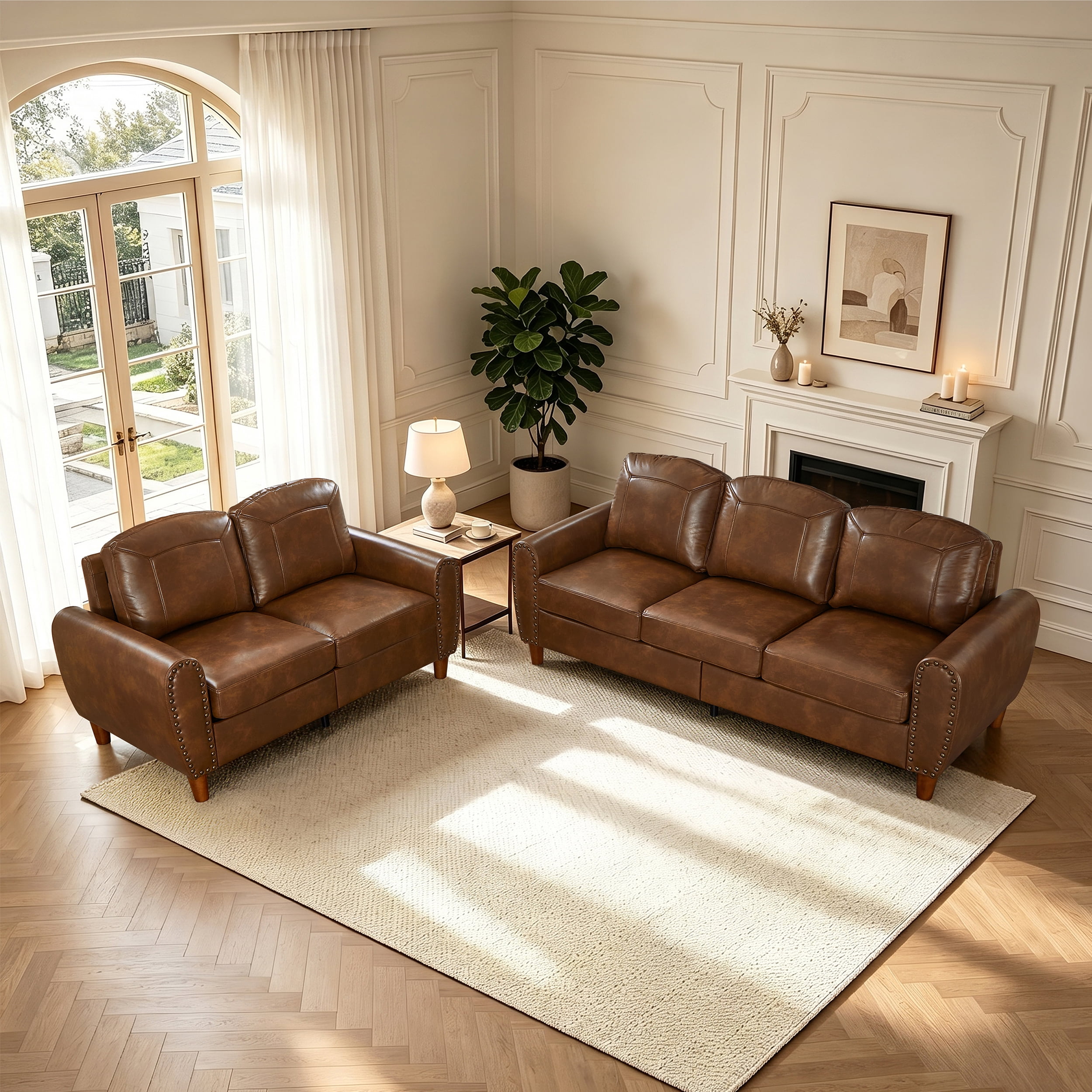 2-Piece Faux Leather Sofa Set,Classic Rolled Arm Loveseat & 3-Seater Sofa Couch with Brass Nailhead Trim & Solid Wood Legs,Apartment,Living Room,Brown