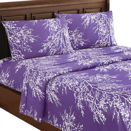 Collections Etc 4-Piece Foliage Bed Sheets and Pillowcases Set | Graceful Branch Design | Fitted Sheet, Flat Sheet, Pillowcases | Machine Wash, Polyester