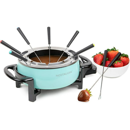

FPS6AQ 12-Cup Electric Fondue Pot with Adjustable Temperature Control 8 Color-Coded Forks Cool-Touch Handles Perfect for Chocolate Cheese Caramel Aqua