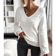 thumbnail image 2 of Suéter ligero de manga larga con cuello en V - Top informal calado para mujer otoño-invierno, blanco, talla L, 2 of 6