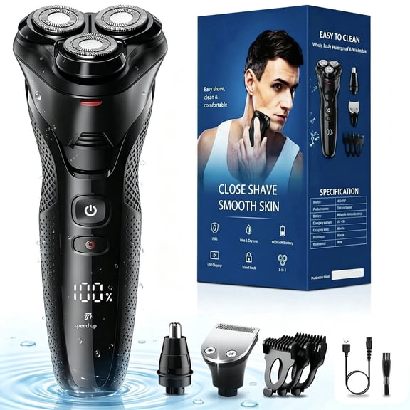 Nogroa Electric Shavers for Men, 3 in 1 Cordless Razor Waterproof Wet Dry Adjustable Speeds Beard Trimmer Grooming Kit with Nose Hair Trimmer, Sideburns Trimmer