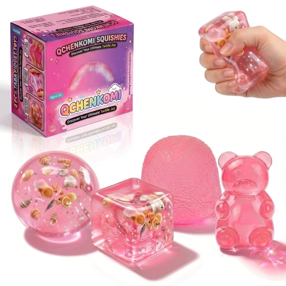 4Pcs Clear Jelly Taba Squishy Toys, Gummy Bear & Cube Stress Balls Set