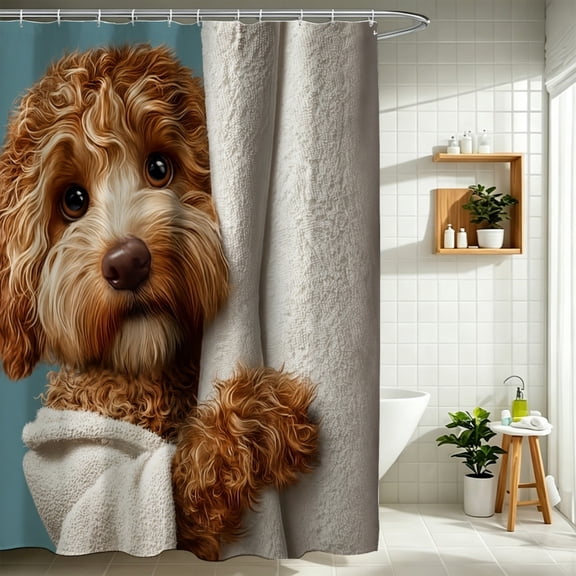 Christmas Cute Peeking Dog Printed Shower Curtain, Bathroom Holiday Divider Decor, Thanksgiving Christmas Gift