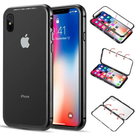 Case for iPhone X/Xs, Nakedcellphone [Black] MAGNETIC Snap-On Aluminum Cover with Transparent Rear 9H Hard TEMPERED GLASS Clear Protector for iPhone Xs (2018), iPhone X (2017), (aka iPhone 10/10s)