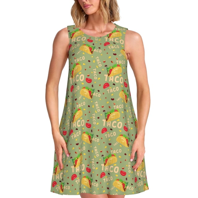 Vsdgher Robes d'Été Imprimé Taco pour Femmes Robe de Plage Décontractée Col en U Sans Manches Robe d'Été Ample avec Poche