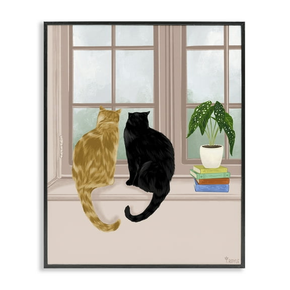 Stupell Industries Cat Pair in Windowsill Animals & Insects Painting Black Framed Art Print Wall Art, 11 x 14