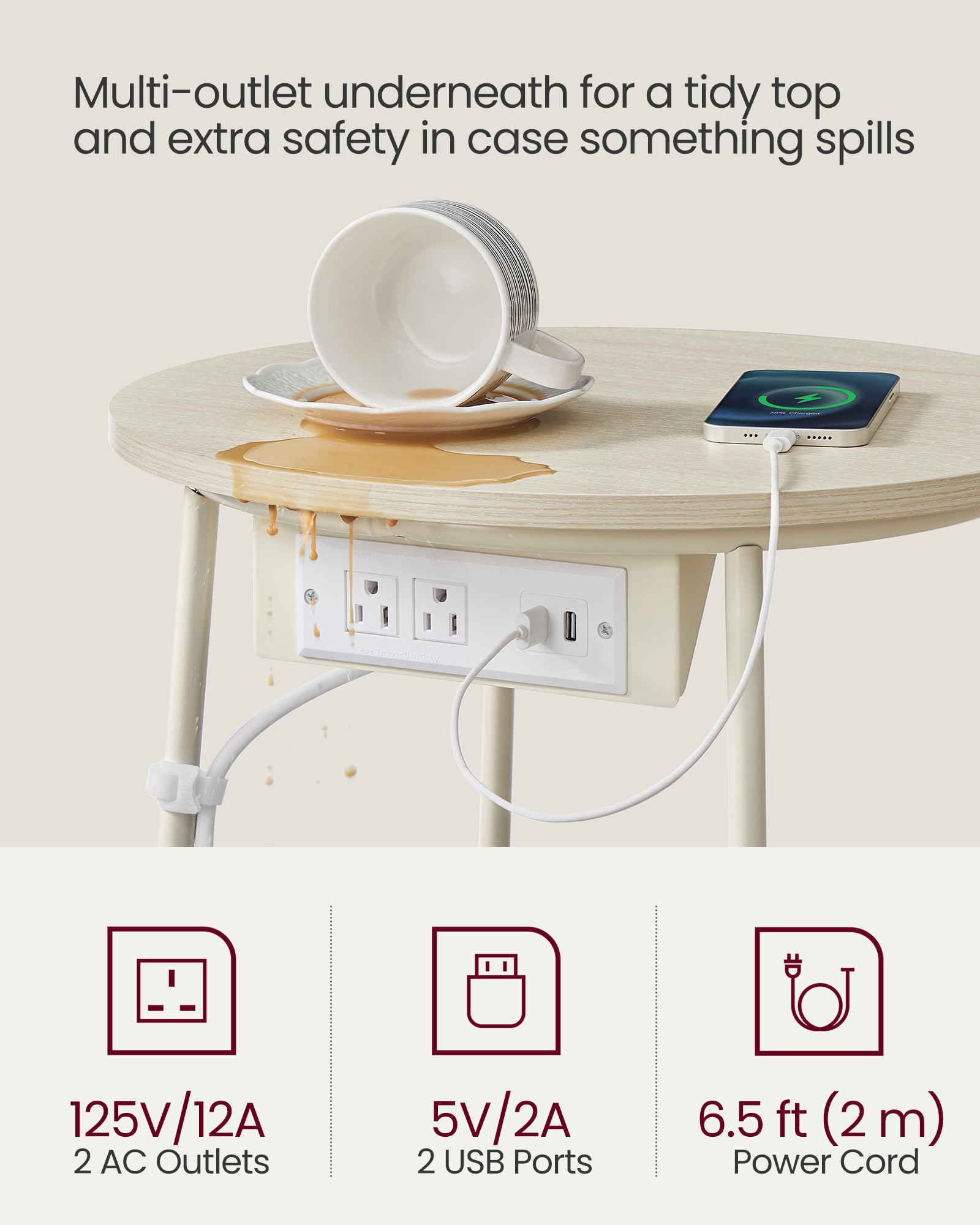 VASAGLE LILEA Collection - Side Table with Charging Station, Round End Table with Fabric Basket, Nightstand with USB Ports, for Living Room, Bedroom, Modern, Cream White