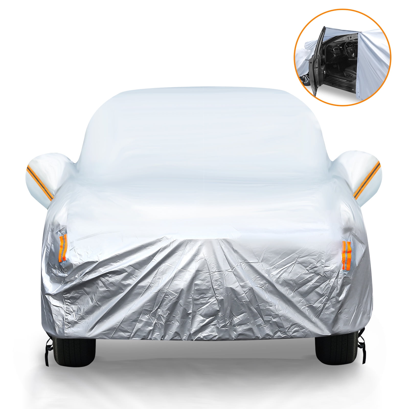 Coverado Basic Car Cover with Build-in Storage Bag Door Zipper Windproof Straps and Buckles 100% Waterproof All Season Weather-Proof Fit 170-190 Len