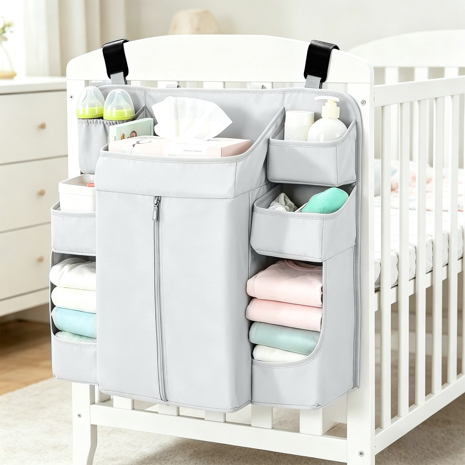 Hanging Crib Organizer with Multi-Pockets, Baby Diaper Caddy Storage Bag, Washable Nursery Organizer for Diapers, Bottles, Wipes and Baby Essentials Gray