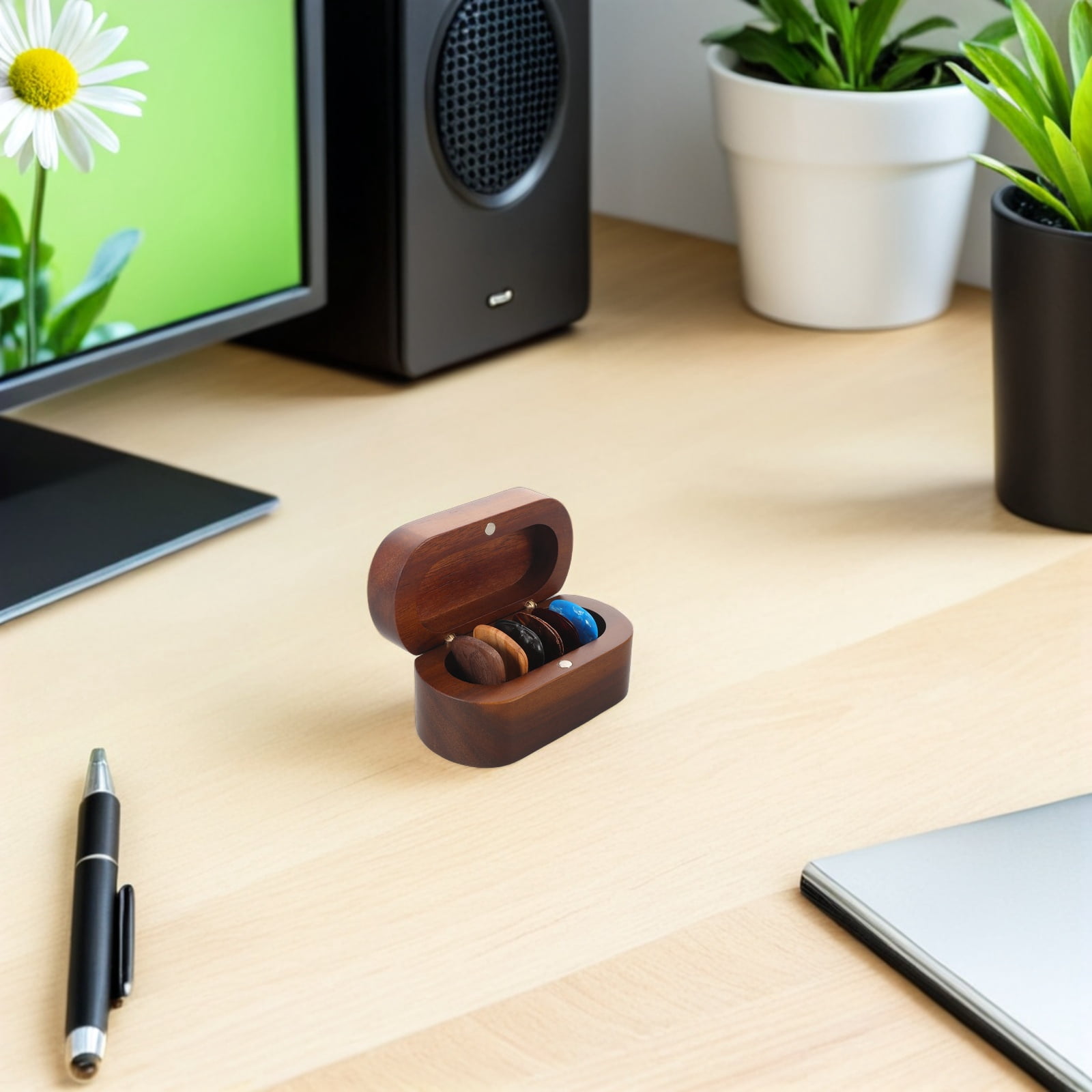 BESTYASH Wooden Guitar Pick Holder Box with 10 Picks - Decorative Storage Case for Guitar Accessories and Music Players