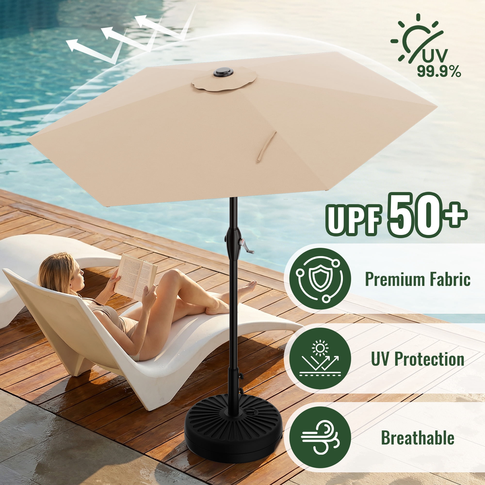 Easthome 7.5' Patio Umbrella Outdoor Table Market Umbrella with Smooth Crank handle, 6 Ribs, Backyard, Poolside, Garden - Beige