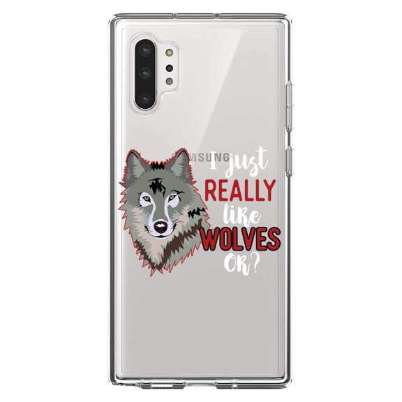 DistinctInk Clear Shockproof Hybrid Case for Galaxy Note 10 PLUS (6.8" Screen) - TPU Bumper Acrylic Back Tempered Glass Screen Protector - I Just Really Like Wolves OK?
