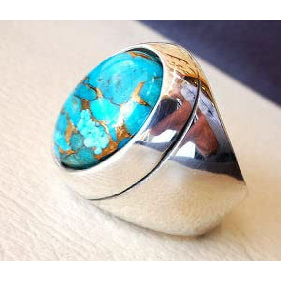 Blue Copper Turquoise Mans Ring, Natural Copper Turquoise Ring, Silver Jewelry, 925 Silver Ring, Birthday Gift, Heavy Mens Ring, Arabic Design, Ottoman Style Ring, Christmas, Turkey Mens Signet Ring