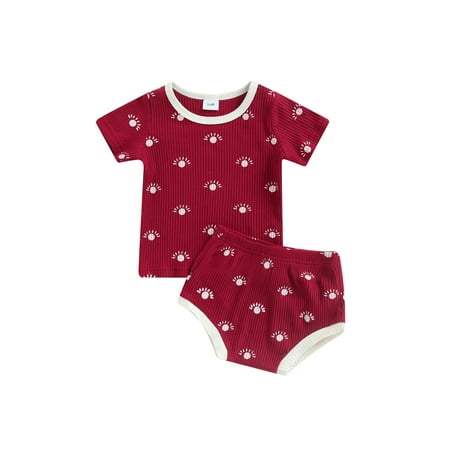 

Suanret 2Pcs Toddler Baby Boys Girls Outfits Short Sleeve Crew Neck Printed T-shirt with Shorts Clothes Sets Wine Red 9-12 Months