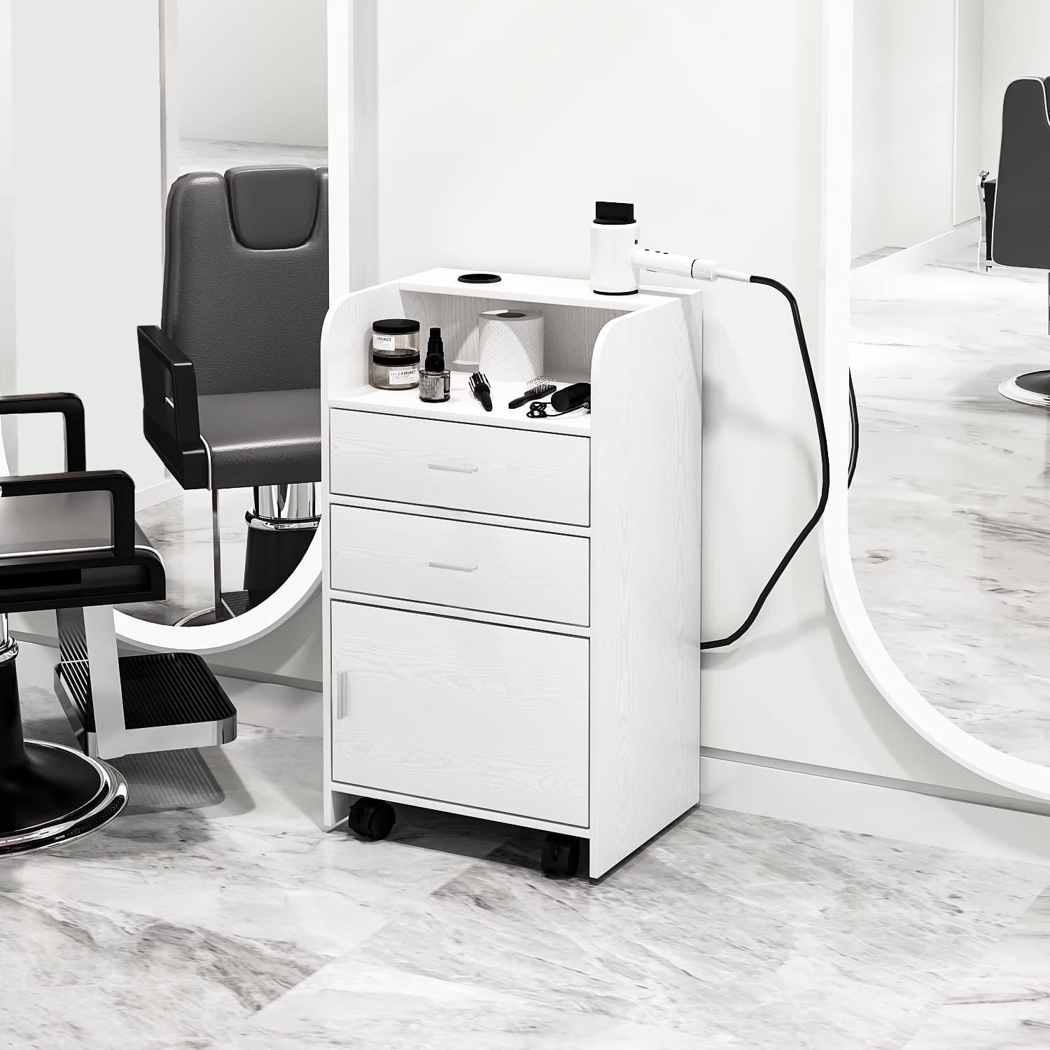 Catrimown Salon Station, Storage Cabinet with 2 Drawers & Large Cabinet, White