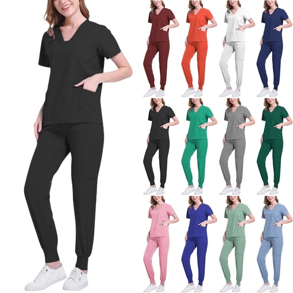 Vibrex Women Scrub Set Stretch Solid Color LooseAnkle Cuff Pants Pocket Caregiver Short Sleeve V-Neck Blouses Nursing Uniform Set Nurse Workwear with 10 Pockets, Unwrinkled Scrubs for Women