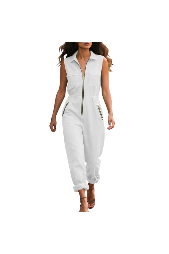 Jumpsuits for Women Collared Sleeveless Zip Front Cargo Jumpers with Multi-Pocket Summer Casual Comfy Rompers White XL