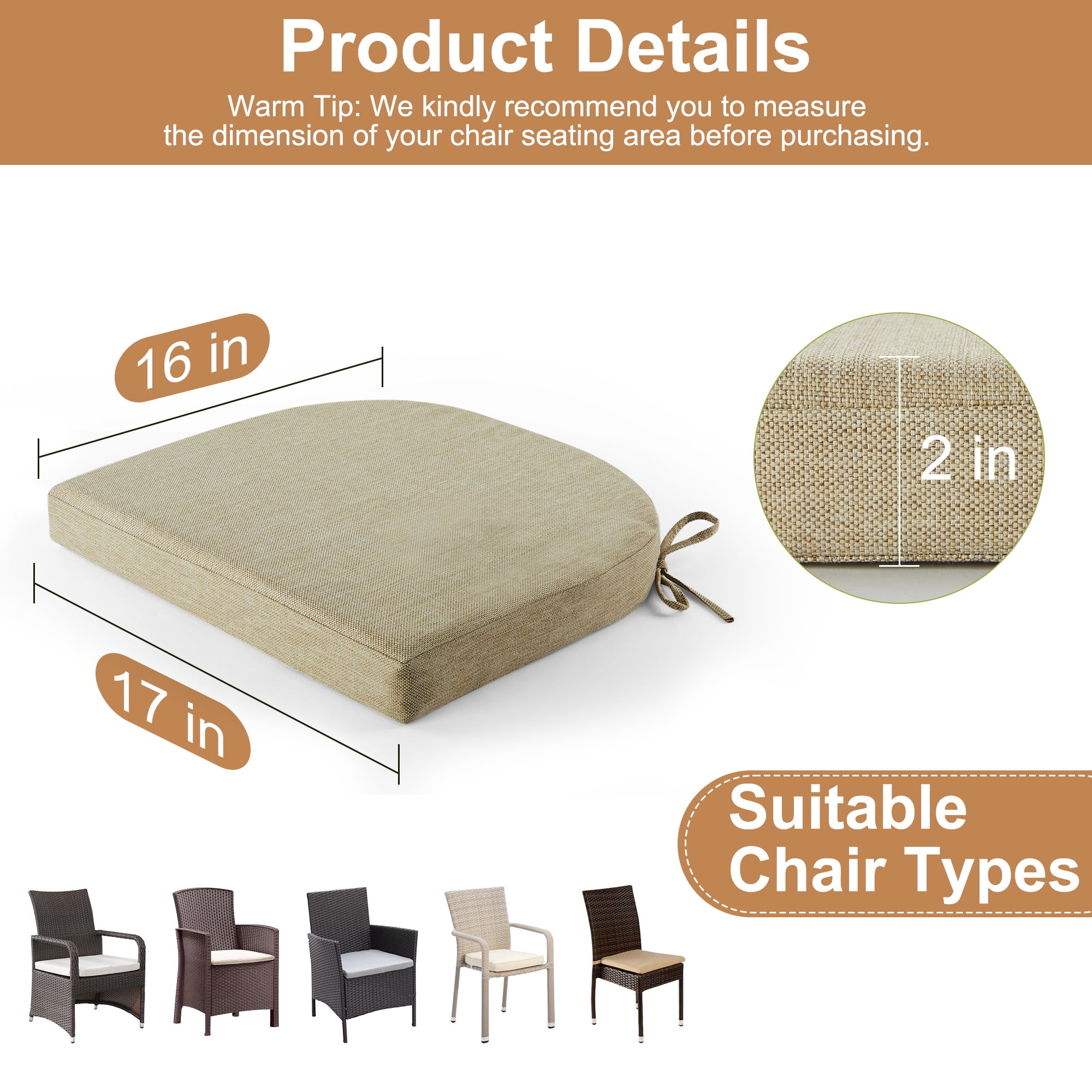Panpaddle Outdoor Seat Pads Seat Cushions 4-Piece Solid Waterproof Patio Seat Chair Cushions 17"X16"X2" Rounded Square Patio Cushions, Beige, Set of 4