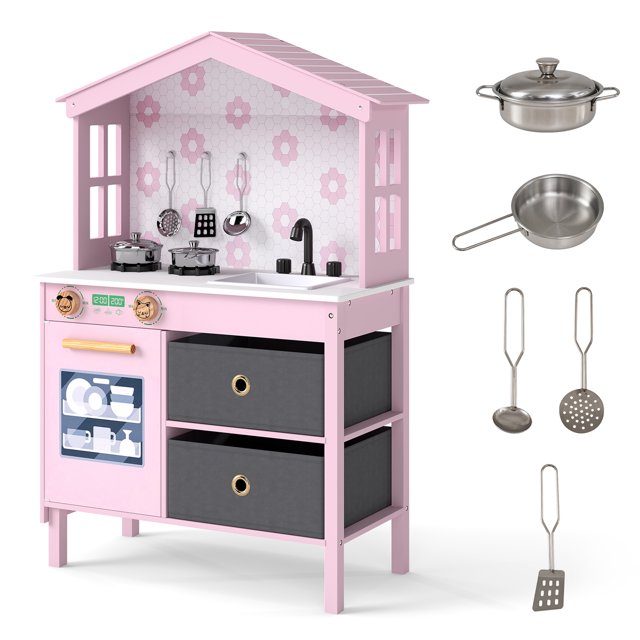 Gymax Kids Play Kitchen w/2 Stoves Rotation Knobs Faucet Sink Dishwasher Drawers