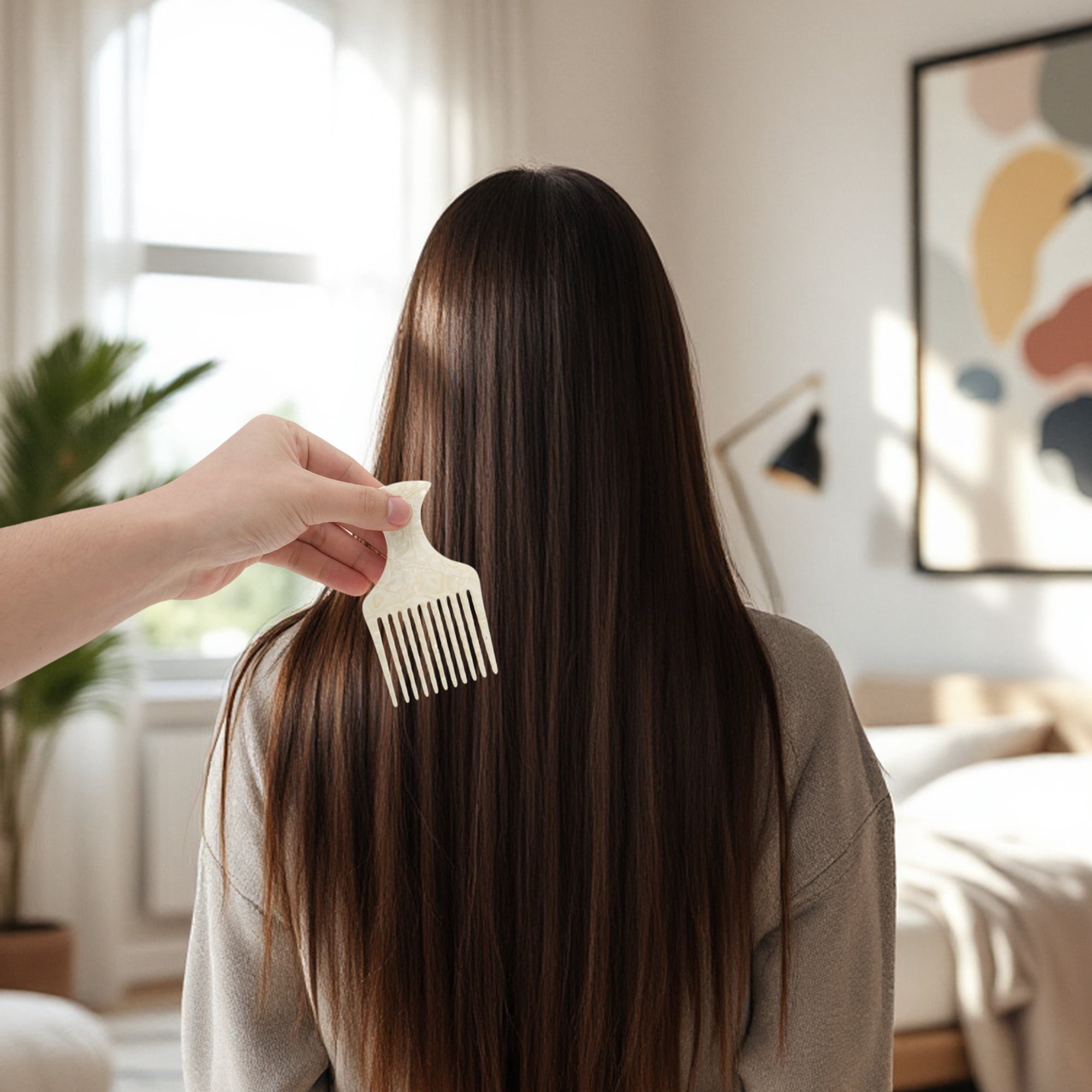 Unique Bargains 1 Pc Flat Handle Marble Hair Insert Comb for All Hair Types Beige