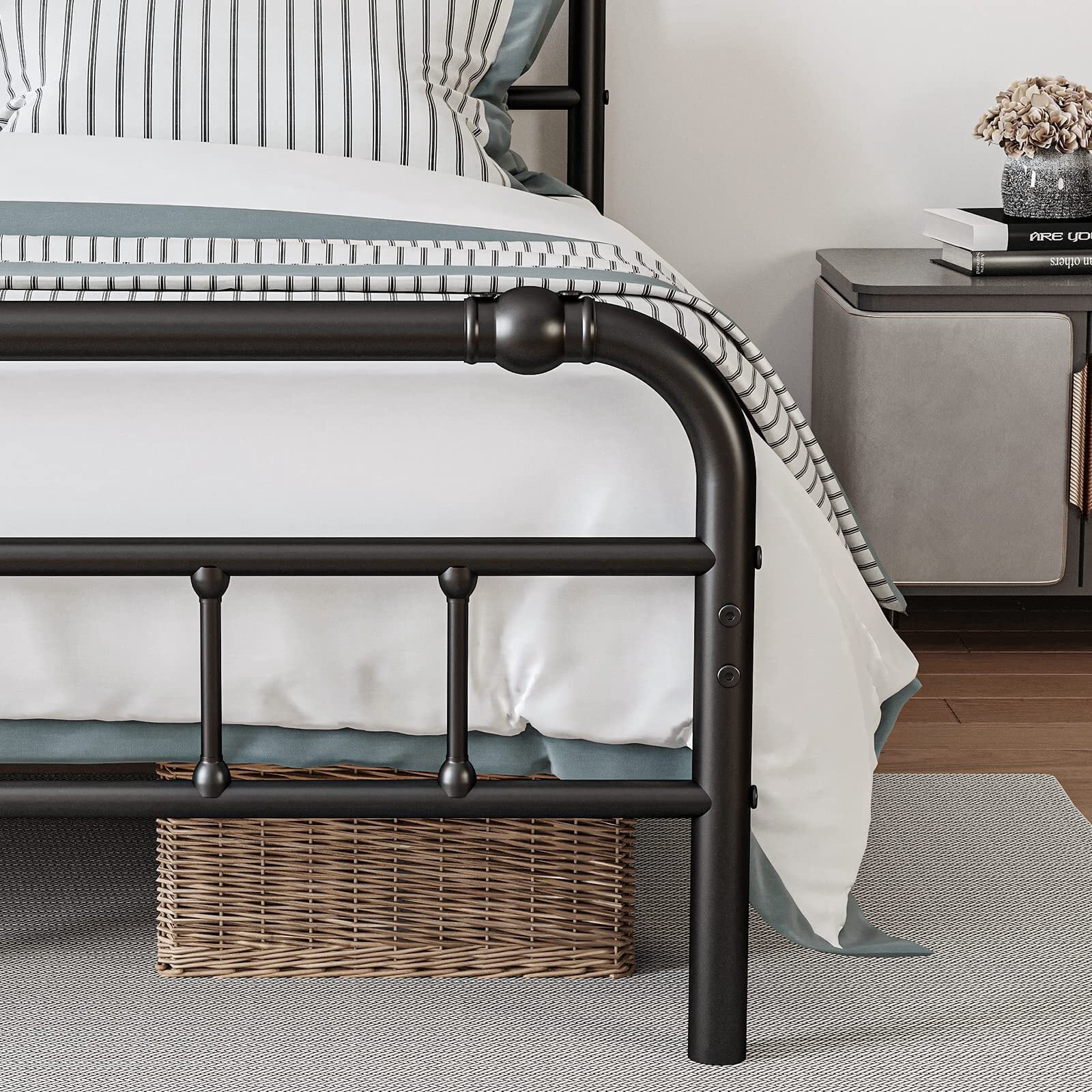 QFTIME Queen Bed Frame with Headboard, Heavy-Duty Metal Platform Bed Frame with 18" High, Non-Slip and Noise-Free, No Box Spring Needed, Black