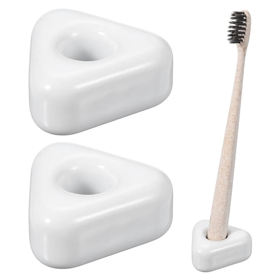 Uxcell 2 Pcs Mini Ceramics Toothbrush Holder Stands, Sleek Mini Countertop Toothbrush Triangle Shape Ceramic Holder Stand for Bathroom Vanity Countertops, White
