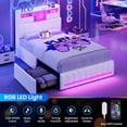 thumbnail image 5 of Twin Size Bed Frame with Storage Headboard, Upholstered Platform Bed With 2 Large Drawers,Twin Bed with Charging Station and LED Light,Esports-Style Bed,White, 5 of 9