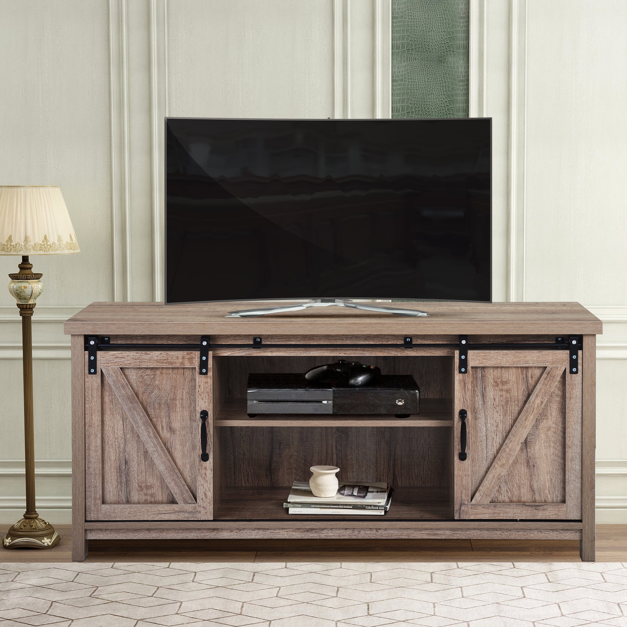Wood Tv Stand Modern Corner Tv Table Stand Rustic Universal Tv Stand For Flat Screen Sliding Barn Door And Shelves Living Room Storage Console Entertainment Center 51 Inch Yellow R860 Walmart Com