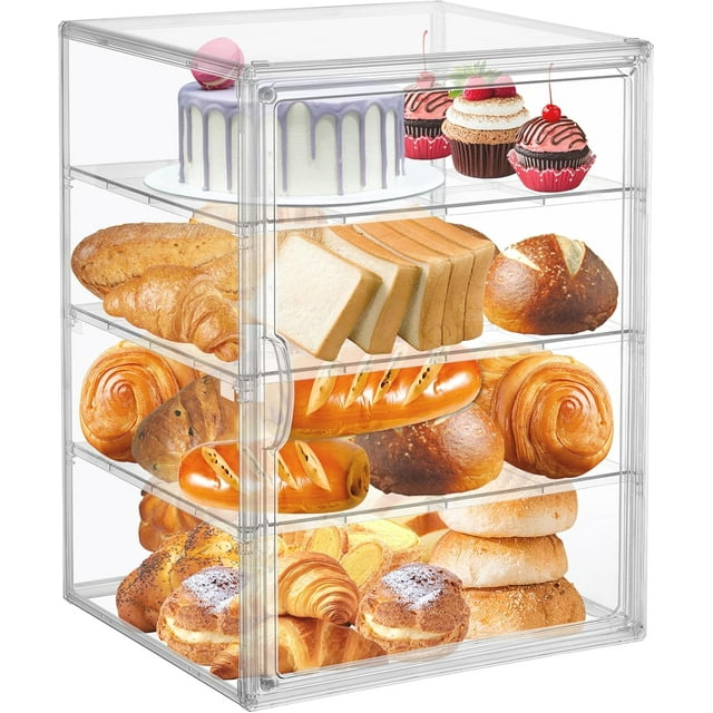 4 Layers Adjustable Clear Bread Storage Box for Kitchen Countertop,Large Bread Storage Container, 4 Layers Acrylic Pastry Display Case, Clear Boxes Bread Holder for Bread, Bagel, Muffins