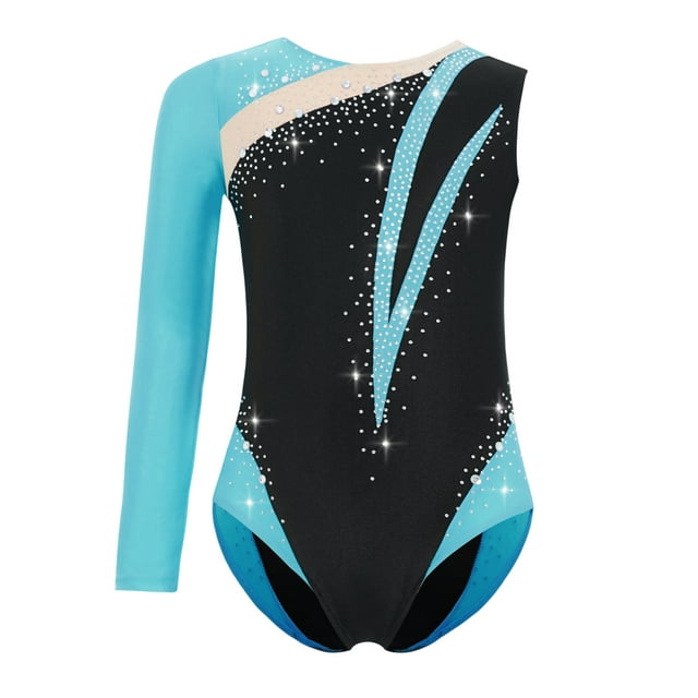 HULIJA Girls Asymmetrical Leotard for Gymnastics Sportwear Round Neck Shiny Rhinestones Color Block Performance Top Blue Green 14