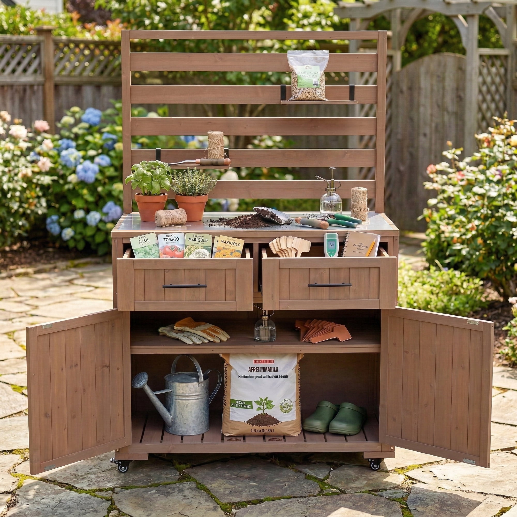 64.9" H Outdoor Grill Cart with Stainless Steel Top – Solid Wood Patio Kitchen Cart, BBQ Prep Table, 3 Movable Shelves, 2 Drawers, Brown