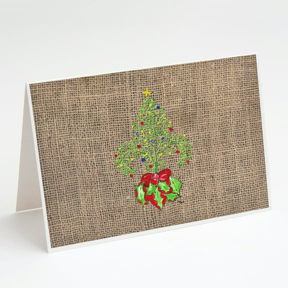 Christmas Tree Fleur de lis on Faux Burlap Greeting Cards and Envelopes Pack of 8