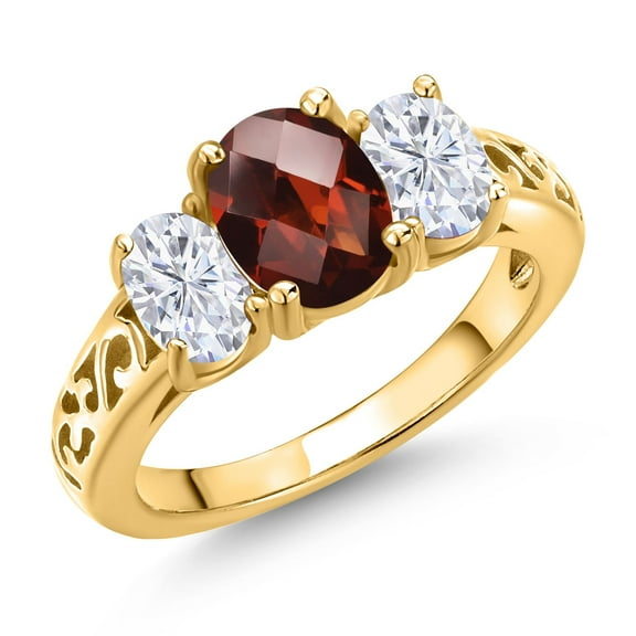 Gem Stone King 18K Yellow Gold Plated Silver Red Garnet and White Moissanite Filigree Style 3 Stone Ring for Women (2.53 Cttw, Oval 8X6MM and 6X4MM) (Size 5)