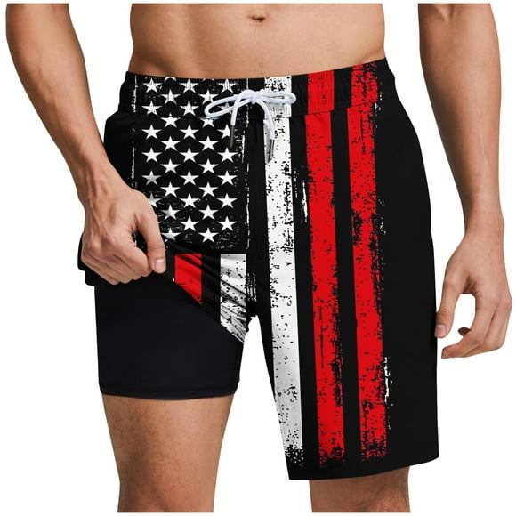 Striped and Star Print Hawaiian Bathing Men Swim Trunks with Compression Liner Casual Outings Travel Shorts 9" Beach Shorts Quick Dry Board Shorts Summer Outdoor Swimsuit Shorts Black 3X-Large