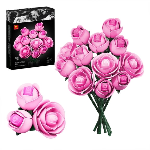 Pink Roses Flower Bouquet Building Set, Artificial Flowers Botanical Collection Compatible with Lego Flowers for Adults Christmas Anniversary Valentines Day Gifts