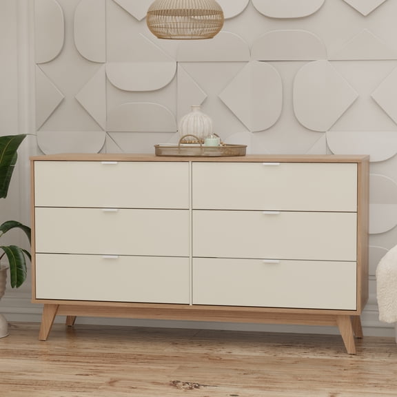 Kappesberg Hanford 6-Drawer Dresser, Light Brown/Creme, for Bedroom, Adults and Teens.